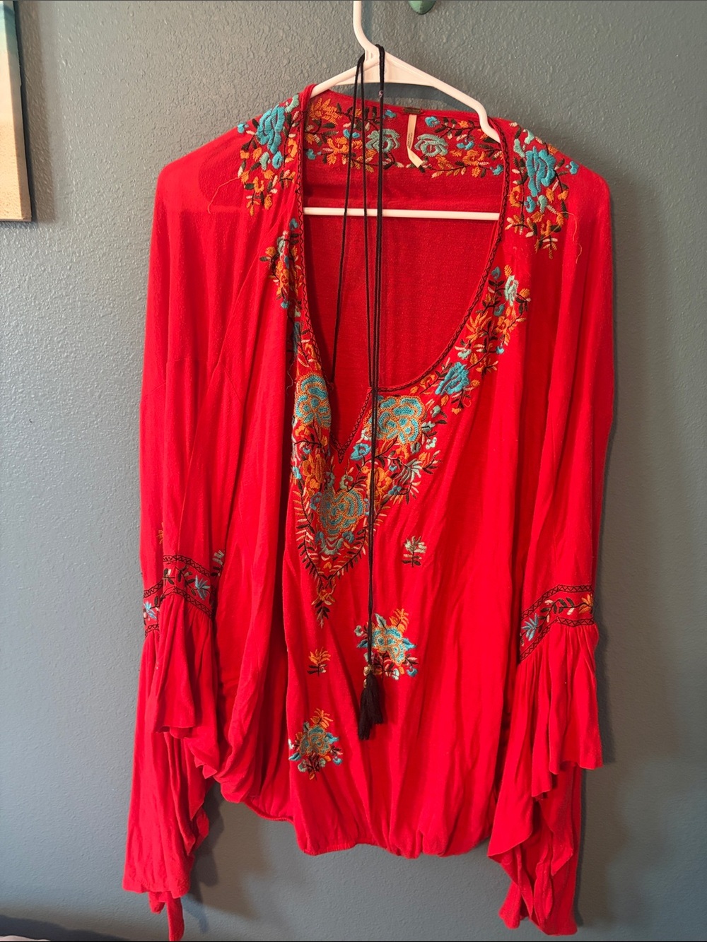 Free People Red Embroidered Boho V-Neck Tunic